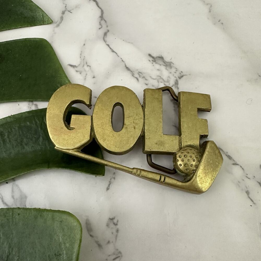 Vintage 70s Brass Belt Buckle Golf Word Art Club Ball Novelty Metal Taiwan